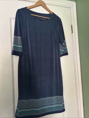 Navy Patterned Shift Dress with Border Detail